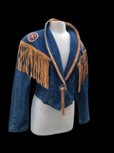 Load image into Gallery viewer, Vintage Denim Jean And Suede Fringe  Beaded Cowgirl Jacket Bolero Native Southwestern Western Style