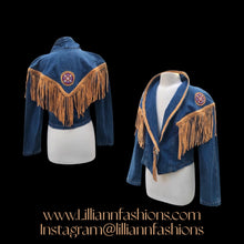 Load image into Gallery viewer, Vintage Denim Jean And Suede Fringe  Beaded Cowgirl Jacket Bolero Native Southwestern Western Style