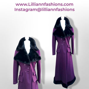 60’s 70’s Plum Purple Long Princess Coat with Sharp Tailoring and Faux Fur Trim