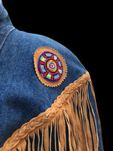 Load image into Gallery viewer, Vintage Denim Jean And Suede Fringe  Beaded Cowgirl Jacket Bolero Native Southwestern Western Style