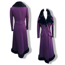 Load image into Gallery viewer, 60’s 70’s Plum Purple Long Princess Coat with Sharp Tailoring and Faux Fur Trim