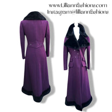 Load image into Gallery viewer, 60’s 70’s Plum Purple Long Princess Coat with Sharp Tailoring and Faux Fur Trim