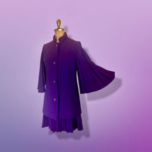 Load image into Gallery viewer, 60s Mod Lilli Ann Purple Cape Coat and Dress Set Flare Angel Accordion Pleats Sleeve Accordion Sleeves Mad Men Jackie Kennedy S/M