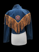 Load image into Gallery viewer, Vintage Denim Jean And Suede Fringe  Beaded Cowgirl Jacket Bolero Native Southwestern Western Style