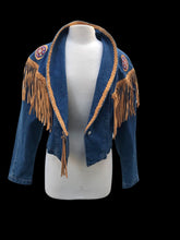 Load image into Gallery viewer, Vintage Denim Jean And Suede Fringe  Beaded Cowgirl Jacket Bolero Native Southwestern Western Style