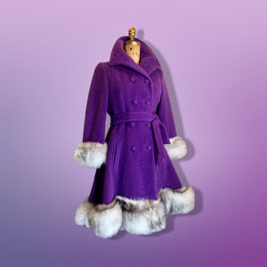 Lilli Ann Purple Wool Princess Coat and Massive Fox Fur Trim Hem and Cuffs M/L 60s Mod
