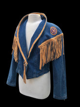 Load image into Gallery viewer, Vintage Denim Jean And Suede Fringe  Beaded Cowgirl Jacket Bolero Native Southwestern Western Style