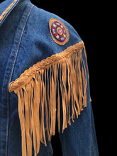 Load image into Gallery viewer, Vintage Denim Jean And Suede Fringe  Beaded Cowgirl Jacket Bolero Native Southwestern Western Style