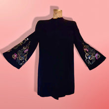 Load image into Gallery viewer, Vintage 30s 40s Coat- Velvet Black Embroidered Pink Beaded Film Noir Square Shoulders Angel Bell Sleeves Opera Valentine's Day Couture