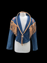 Load image into Gallery viewer, Vintage Denim Jean And Suede Fringe  Beaded Cowgirl Jacket Bolero Native Southwestern Western Style