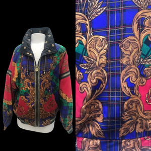 90’s Neiman Marcus Bomber Windbreaker Waterproof Red and Blue with Gold Chorded Trim