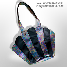 Load image into Gallery viewer, The Mermaid Shell Bag; New Leather Iridesdent Cowhide Leather and Lambskin Black Handmade by Me