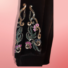 Load image into Gallery viewer, Vintage 30s 40s Coat- Velvet Black Embroidered Pink Beaded Film Noir Square Shoulders Angel Bell Sleeves Opera Valentine's Day Couture