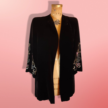 Load image into Gallery viewer, Vintage 30s 40s Coat- Velvet Black Embroidered Pink Beaded Film Noir Square Shoulders Angel Bell Sleeves Opera Valentine's Day Couture