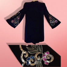 Load image into Gallery viewer, Vintage 30s 40s Coat- Velvet Black Embroidered Pink Beaded Film Noir Square Shoulders Angel Bell Sleeves Opera Valentine's Day Couture