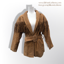 Load image into Gallery viewer, Vintage 80’s 90’s Fringe Suede Jacket Cowboy Cowgirl Beyoncé Carter Style Belted Fit and Flare