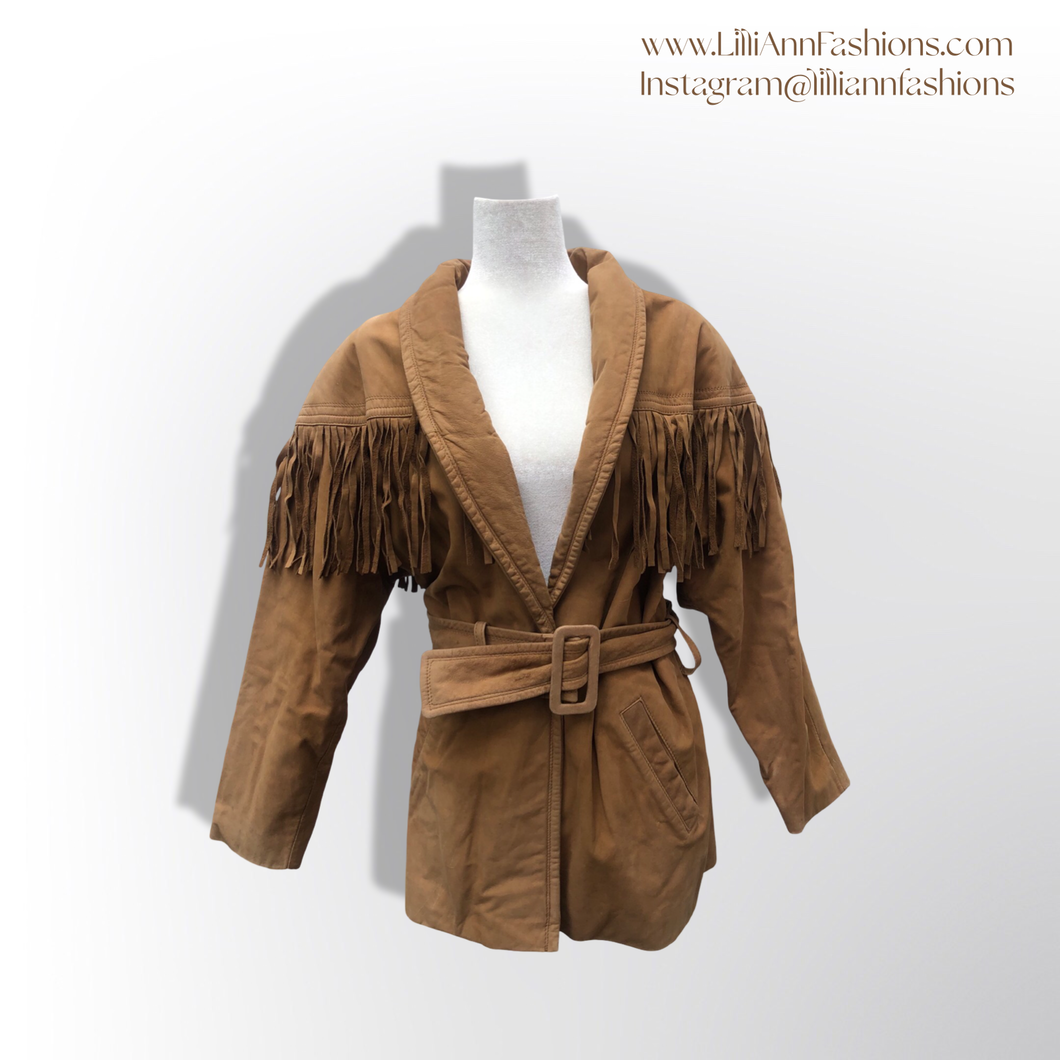 Vintage 80’s 90’s Fringe Suede Jacket Cowboy Cowgirl Beyoncé Carter Style Belted Fit and Flare