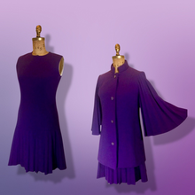 Load image into Gallery viewer, 60s Mod Lilli Ann Purple Cape Coat and Dress Set Flare Angel Accordion Pleats Sleeve Accordion Sleeves Mad Men Jackie Kennedy S/M