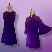 Load image into Gallery viewer, 60s Mod Lilli Ann Purple Cape Coat and Dress Set Flare Angel Accordion Pleats Sleeve Accordion Sleeves Mad Men Jackie Kennedy S/M