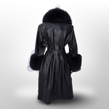 Load image into Gallery viewer, Black Leather and Fox Fur Trench Fit and Flare Pinup Coat