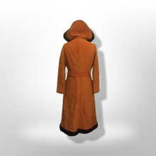 Load image into Gallery viewer, 70s Vintage Coat Suede Shearling Hooded Fit Flare Boho Long Princess Belted Modern Rare Size Penny Lane