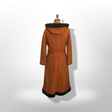 Load image into Gallery viewer, 70s Vintage Coat Suede Shearling Hooded Fit Flare Boho Long Princess Belted Modern Rare Size Penny Lane