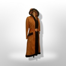 Load image into Gallery viewer, 70s Vintage Coat Suede Shearling Hooded Fit Flare Boho Long Princess Belted Modern Rare Size Penny Lane