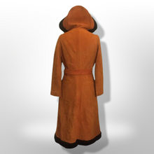 Load image into Gallery viewer, 70s Vintage Coat Suede Shearling Hooded Fit Flare Boho Long Princess Belted Modern Rare Size Penny Lane