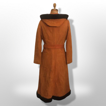 Load image into Gallery viewer, 70s Vintage Coat Suede Shearling Hooded Fit Flare Boho Long Princess Belted Modern Rare Size Penny Lane