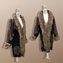 Load image into Gallery viewer, 80’s Does 20’s Cocoon Suede and Leather Gold Leaf Coat and Spotted Genuine Fur Serval Leopard Work of Art Coat