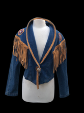 Load image into Gallery viewer, Vintage Denim Jean And Suede Fringe  Beaded Cowgirl Jacket Bolero Native Southwestern Western Style