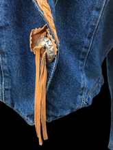 Load image into Gallery viewer, Vintage Denim Jean And Suede Fringe  Beaded Cowgirl Jacket Bolero Native Southwestern Western Style