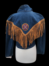 Load image into Gallery viewer, Vintage Denim Jean And Suede Fringe  Beaded Cowgirl Jacket Bolero Native Southwestern Western Style