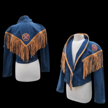 Load image into Gallery viewer, Vintage Denim Jean And Suede Fringe  Beaded Cowgirl Jacket Bolero Native Southwestern Western Style