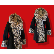 Load image into Gallery viewer, Vintage Women's Coat~ Lilli Ann London Mod 60s Suede Brown Leopard Printed Rabbit Fur Flexible Size, S,M,L Pinup Animal Print Princess