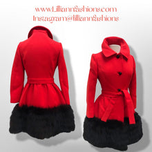 Load image into Gallery viewer, Women's Vintage Lilli Ann Coat- Lipstick Red Orange Bright 60's Mod Wool Thick Tiered Black Fox Fur Trim Fit Flare Princess Small Pinup