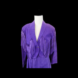 80’s Purple Suede Fringe Jacket and Skirt Set Cowgirl Glam