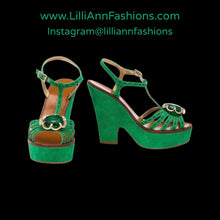 Load image into Gallery viewer, Vintage 70s Style_Early 2000&#39;s Designer Green Suede Marc Jacobs Size 6 EU 36 Made in Italy Jeweled Strappy Platform Pinup Sandals 5&quot; High