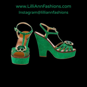 Vintage 70s Style_Early 2000's Designer Green Suede Marc Jacobs Size 6 EU 36 Made in Italy Jeweled Strappy Platform Pinup Sandals 5" High