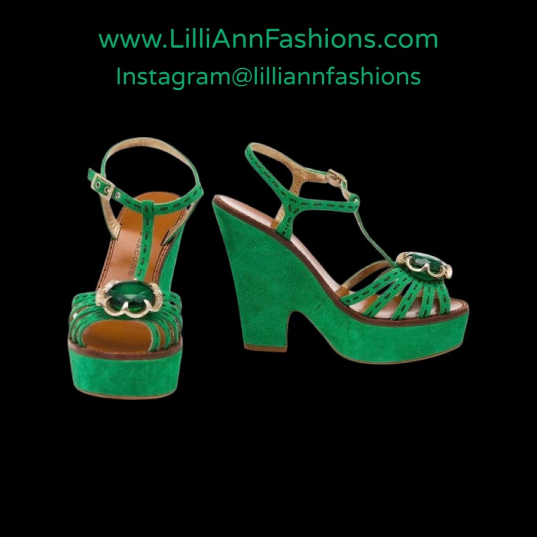 Vintage 70s Style_Early 2000's Designer Green Suede Marc Jacobs Size 6 EU 36 Made in Italy Jeweled Strappy Platform Pinup Sandals 5