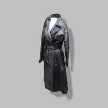 Load image into Gallery viewer, 70’s Vintage Black Leather Trench Coat Spy Montgomery Ward