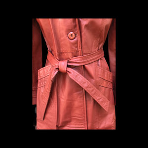 70’s Hooded Leather Trench Spy Fit Flare Orange Brown Coat