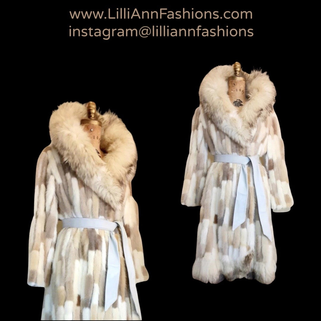 Women's Vintage Fur Coat- 70s Fur Patchwork Mink, Leather, Fox Fur Nature's  Colors Mosaic Princess Ultra Warm Coat Long Rare