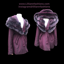 Load image into Gallery viewer, Light Waterproof Canadian Purple Coat with Ombré Purple Fox Fur and Hood
