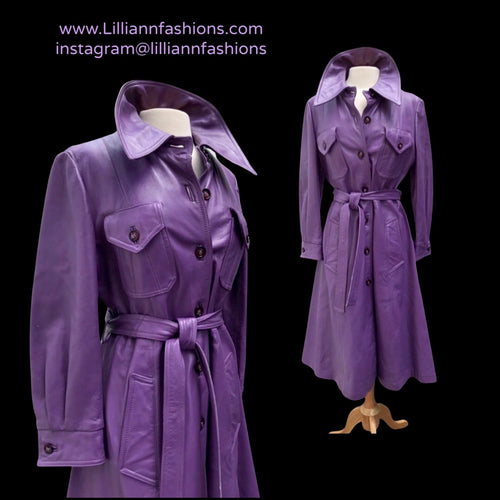 70’s Purple Leather Trench Couture Fit Flare Spy Boho