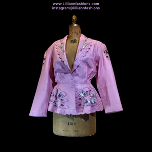 80s Pink Leather Peplum Vintage Jacket Blazer Coat -Cutout Laser Cut Lace Hand Beaded Glam Medium Large