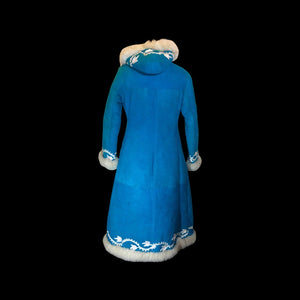 Suede and Shearling Lamb Turquoise Blue and White Embroidered Afghan Coat Almost Famous Hippy Chic Penny Lane S/M Beatles British Invasion!