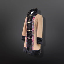 Load image into Gallery viewer, 60’s Vintage Coat Camel Faux Fur Embroidered Rainbow Trim