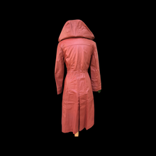 Load image into Gallery viewer, 70’s Hooded Leather Trench Spy Fit Flare Orange Brown Coat