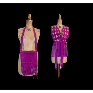 70s Suede Couture Magenta Pink Fringe Cutout Vest, Belt, and Purse Set Flexible Size